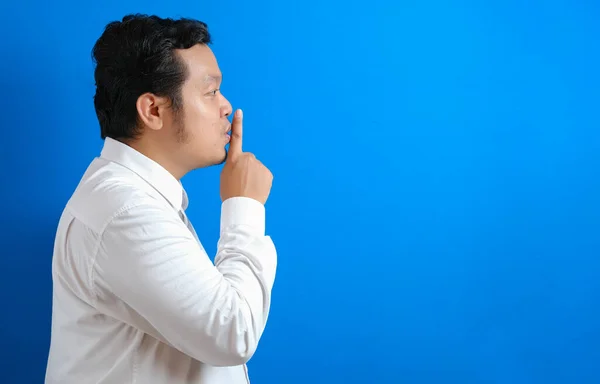Portrait Young Asian Businessman Asking Quiet Shushing Gesture Silence Concept — Stock Photo, Image