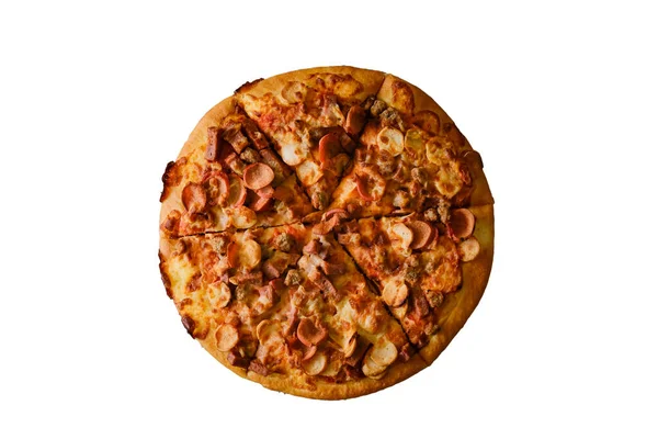 Pizza Deliciosa Com Salsicha Fatiada Carne Picada Isolada Branco — Fotografia de Stock