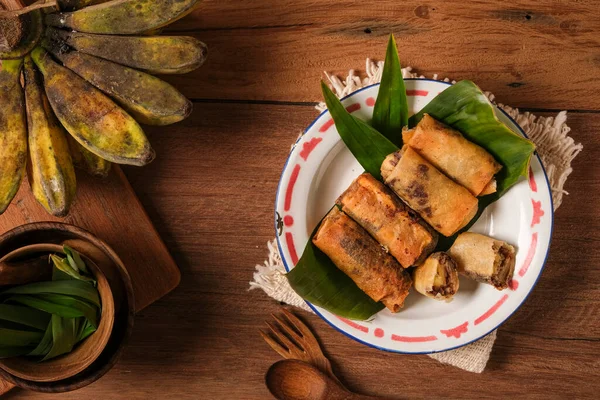 Piscok Banana Chocolate Traditional Snacks Indonesia Made Fried Banana Wrapped — Stock Photo, Image