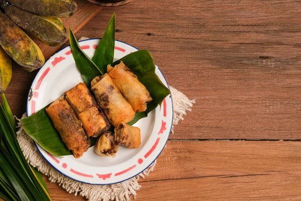 Piscok Chocolate Banana Lanches Tradicionais Indonésia Feito Banana Frita Envolta — Fotografia de Stock