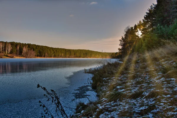 Закат пейзажа в лесу. зимний сосновый лес на берегу замерзшей реки . — стоковое фото