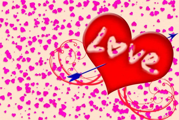 Valentýn. červené srdce s amorským šípem. Láska. Konfetti ze srdcí. — Stock fotografie