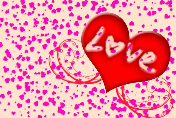 Cartão do Dia dos Namorados. grande coração vermelho com a inscrição amor e pequenos corações em um fundo branco — Fotografia de Stock