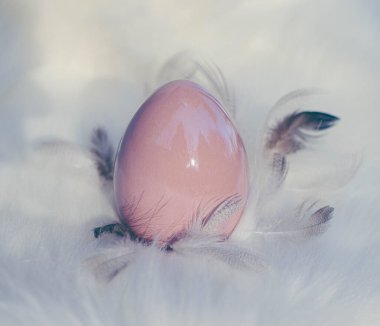 Paskalya yumurtalı Paskalya arkaplanı. Yumuşak odaklanma, bokeh etkisi. Gül rengi Paskalya tebrik kartı şablonunuz kutlu olsun. Kopyalama alanı olan üst görünüm. 