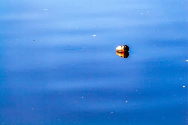 Atılmış kahve fincanı nehir suyunda yüzüyor. — Stok fotoğraf