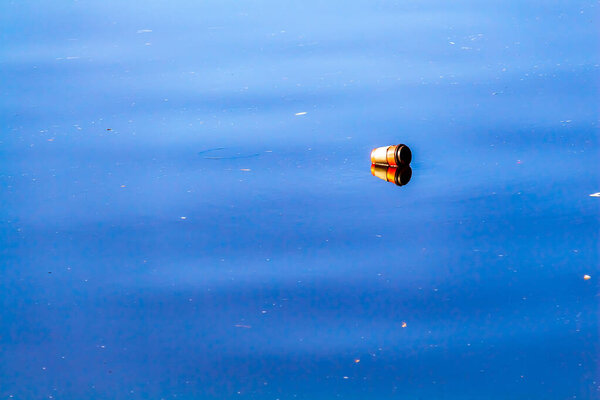 Discarded Coffee Cup Floating in River Water