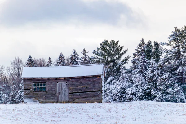 Ein verwitterter Holzschuppen bei Winterwetter — Stockfoto
