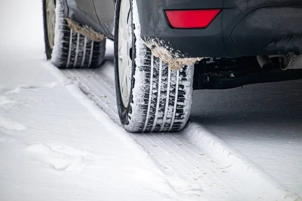 Snow-Caked Tires on a Car in Winter