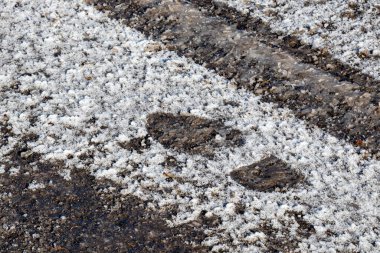 Bir botun bıraktığı ayak izi park yerindeki ince katmanlı buzlu kardan etkilenmiş. Asfaltlı asfalt içinde ve paralel lastik izinde görülür..
