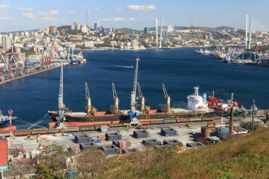 Vladivostok, Rusya - Ekim 05, 2019: Krestovaya tepesinin tepesinden alınan Vladivostok limanı ve kentin merkezi kesiminin panoraması.