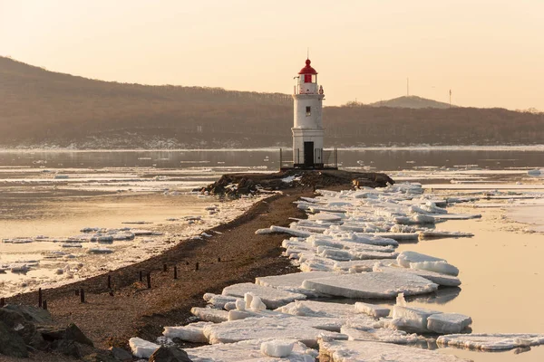 Famous Tokarevsky Lighthouse Egersheld Peninsula Vladivostok Winter Morning Dawn Ice — Stock Photo, Image