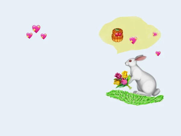 On a light background, a white rabbit in love with a bouquet of flowers and pink hearts.