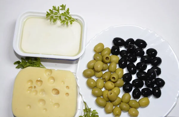 Comida Favorita Dieta Fundo Branco Queijo Feta Macio Queijo Suíço — Fotografia de Stock