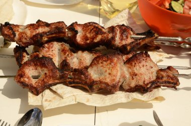 İzin günü. Piknik. Pita ekmeğinin üzerinde taze pişmiş, sıcak domuz şişleri var.