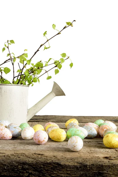 Huevos Pascua Sobre Mesa Madera Maceta Con Ramas Árbol Aisladas — Foto de Stock