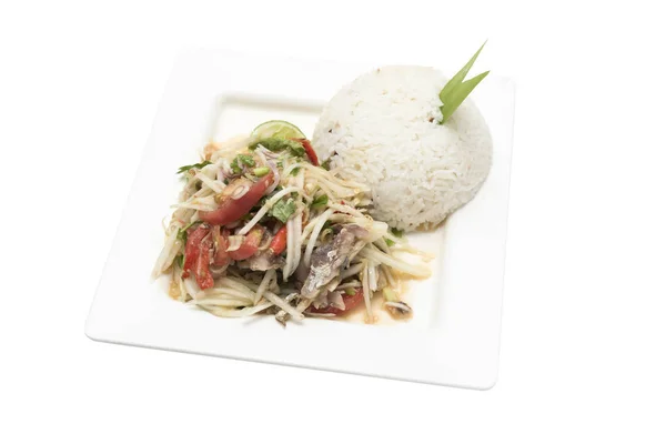 Thai Fish Papaya Salad Rice Isolated — Stock Photo, Image