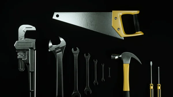 Tool hardware tools kit on simple background. Minimalist 3D illustration