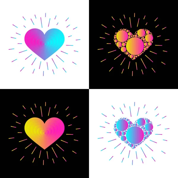 Original hearts with rays. Bright gadient. Creative design. Set. — Stock Vector