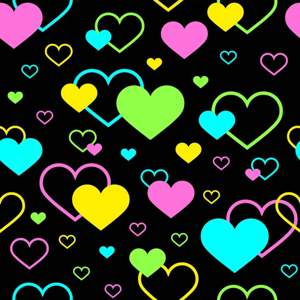 Modern seamless pattern with colorful hearts. Vector individual elements on black background. — ストックベクタ