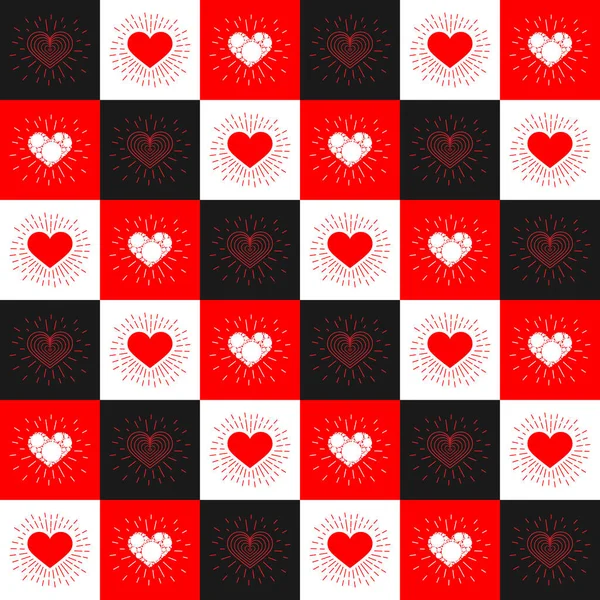 Contrasting squares seamless pattern with hearts and rays. Creative concept design background for Valentines day, mothers day, greeting cards for womans day or declaration of love. For packaging — 스톡 벡터