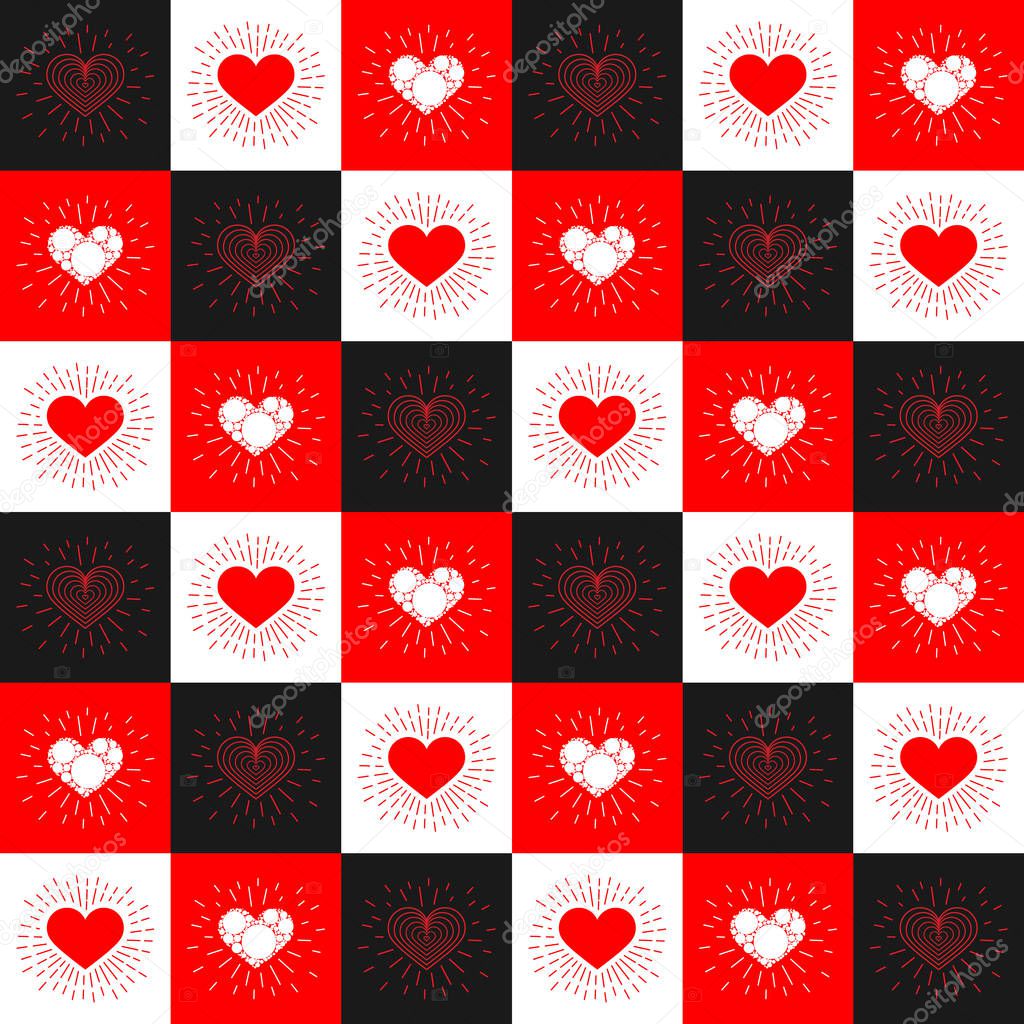 Contrasting squares seamless pattern with hearts and rays. Creative concept design background for Valentines day, mothers day, greeting cards for womans day or declaration of love. For packaging