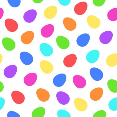 Beyaz arka planda renkli paskalya yumurtaları. Düz vektör çizimi, gökkuşağının tüm renkleri. Paskalya tasarımları, tebrik kartları, baskılar ve daha fazlası için fikirler