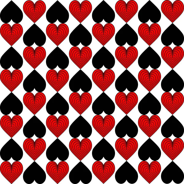 Seamless pattern of red and black hearts on a white background. Abstract composition. Creative concept design background for greeting cards, for packaging, wallpaper, for casino design, playing cards — Stock Vector