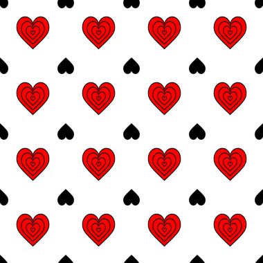 Beyaz arka planda kusursuz kırmızı, siyah kalpler. Soyut illüstrasyon. Tebrik kartları, baskı ambalajı, duvar kağıdı, tekstil veya kumarhane tasarımı için yaratıcı konsept tasarımı arka planı.