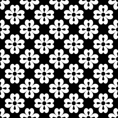 Vektör kusursuz desen. Geometrik soyut çiçek, yapraklar. Siyah arka planda çiçek elementleri. Tebrik kartları, pankartlar, giysiler, kumaşlar, ambalaj tasarımı vs. için kusursuz arkaplan.