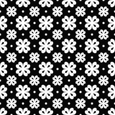 Vektör kusursuz desen. Geometrik soyut çiçek, noktalar. Siyah arka planda çiçek beyazı elementler. Tebrik kartları, pankartlar, giysiler, kumaşlar, ambalaj tasarımı vs. için kusursuz arkaplan