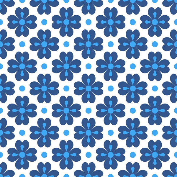 ベクトルシームレスパターン。幾何学的な抽象的な花、ドット。白い背景に青い花の要素。グリーティングカード、バナー、衣服のプリント、ファブリック、パッケージデザインなどのシームレスな背景. — ストックベクタ