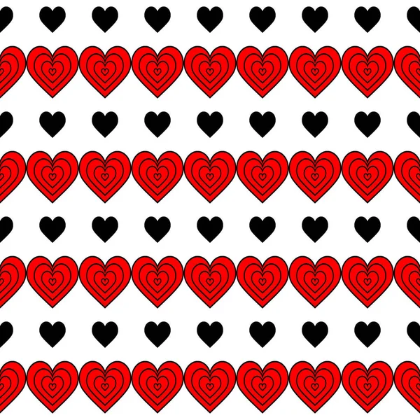 Seamless pattern of red and black hearts on a white background. Abstract striped illustration. Creative design background for greeting card, for packaging, wallpaper, for casino design, playing cards. — Stock Vector