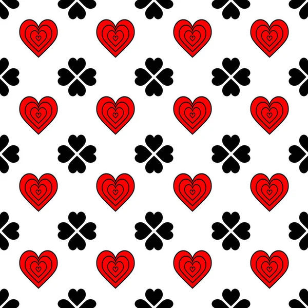 Patrón sin costuras de corazones rojos y negros sobre un fondo blanco. ilustración abstracta. Concepto creativo de fondo de diseño para tarjetas de felicitación, para el embalaje, papel pintado, para el diseño del casino, jugar a las cartas — Vector de stock