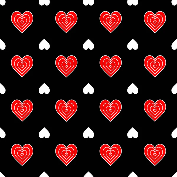 Sömlös mönster av röda, vita hjärtan på en svart bakgrund. Abstrakt illustration. Kreativa koncept design bakgrund för gratulationskort, för utskrift förpackningar, tapeter, textil eller för kasino design. — Stock vektor