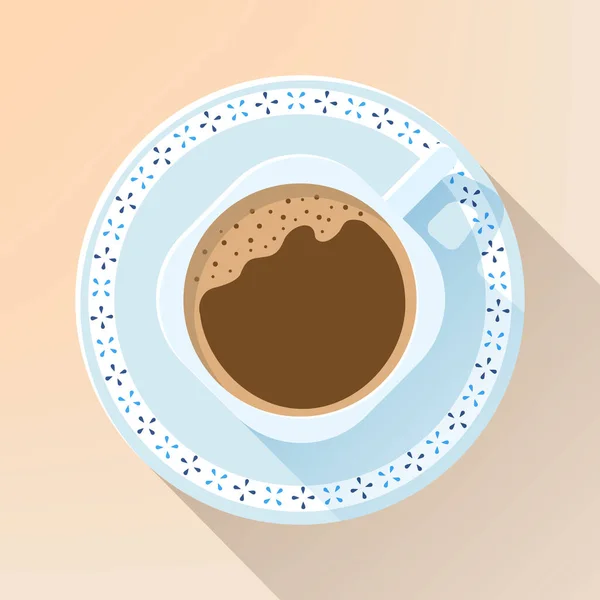 Bir fincan köpüklü kahve ve bir fincan çay tabağı. Üst görünümün vektör illüstrasyonu. Posterlerin, kartpostalların, kafe menülerinin grafik tasarımı için harika. Merkezi kısım metin için çerçeve olarak kullanılabilir. — Stok Vektör