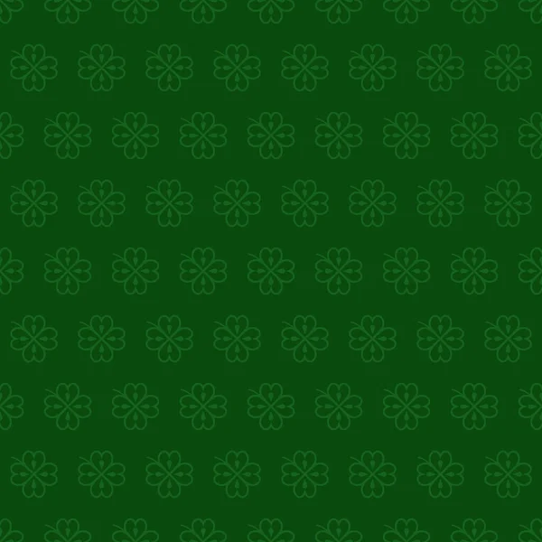 Naadloze vector patroon met groene klaverbladeren, shamrock op een donkergroene achtergrond voor St. Patricks Day. Voorjaarsfeest achtergrond voor wenskaart, flyer, decor, print, verpakking ontwerp en meer. — Stockvector