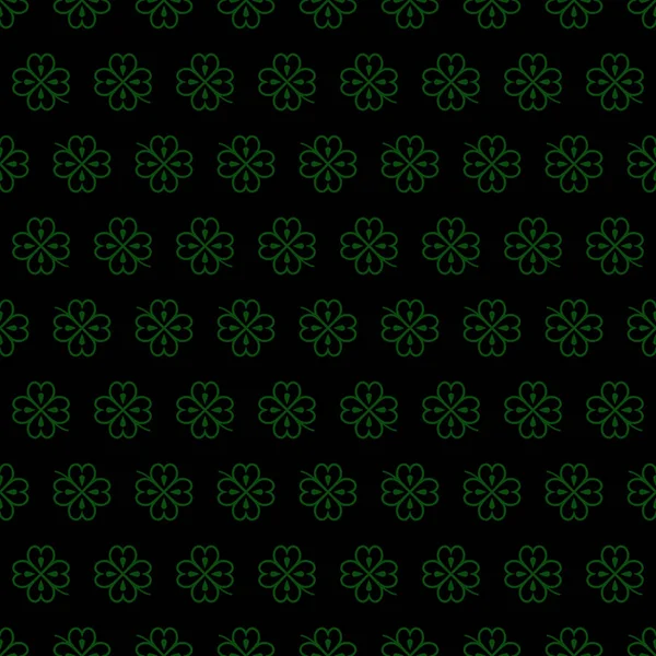 Naadloze vector patroon met donkergroene klaverbladeren, shamrock op een zwarte achtergrond voor St. Patricks Day. Voorjaarsfeest achtergrond voor wenskaart, flyer, decor, print, verpakking ontwerp en meer. — Stockvector