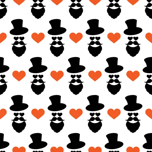 Sömlöst mönster för Patricks dag med elegant tryck. Hatt, skägg, mustasch, hjärta för tur. Svart och orange isolerade element på en vit bakgrund. För semesterdesign, hälsning, kort, utskrift etc.. — Stock vektor