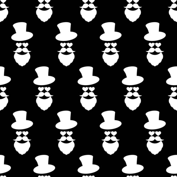 Seamless pattern for Patricks day with stylish print. Hat, beard, mustache for luck. White isolated elements on black background. Backdrop for holiday design, greeting, print, textile, packing etc.