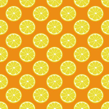 Yaratıcı, kusursuz Citrus vektör deseni. Turuncu arka planda limon dilimi. Sıcak yaz havasında tropik meyve. Orijinal, dekoratif ve modern fon için, kartlar, paketler, baskılar, vs..