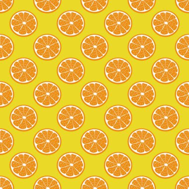 Yaratıcı, kusursuz Citrus vektör deseni. Sarı arka planda turuncu dilim. Sıcak yaz havasında tropik meyve. Orijinal, dekoratif ve modern fon için, kartlar, paketler, baskılar, vs..