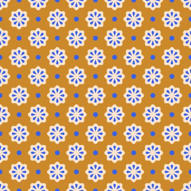 Vektör kusursuz desen. Soyut basit çiçek tasarımı. Kahverengi arka planda mavi ve bej elementler. Grafik tasarımı, tekstil, baskı, paketleme vs. için modern minimal illüstrasyon mükemmeldir.