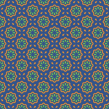 Vektör kusursuz desen. Soyut basit çiçek tasarımı. Mavi arka planda turuncu ve yeşil elementler. Grafik tasarımı, tekstil, baskı, paketleme vs. için modern minimal illüstrasyon mükemmeldir.