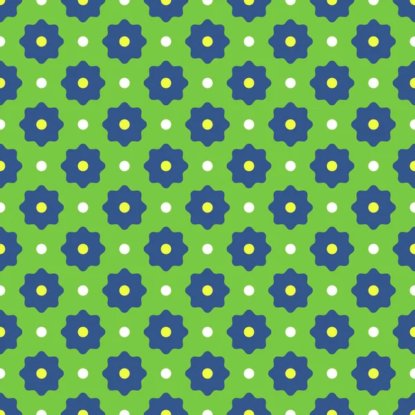 Vector naadloos patroon. Abstract eenvoudig bloemontwerp. Blauwe, witte, gele elementen op een groene achtergrond. Moderne minimale illustratie perfect voor achtergrond grafisch ontwerp, textiel, print, verpakking. — Stockvector