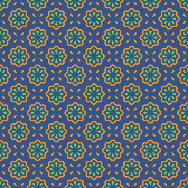 Vektorový vzorec. Abstraktní jednoduchý design květin. Pomerančové a zelené prvky na modrém pozadí. Moderní minimální ilustrace ideální pro grafický design na pozadí, textil, tisk, balení atd.. — Stockový vektor