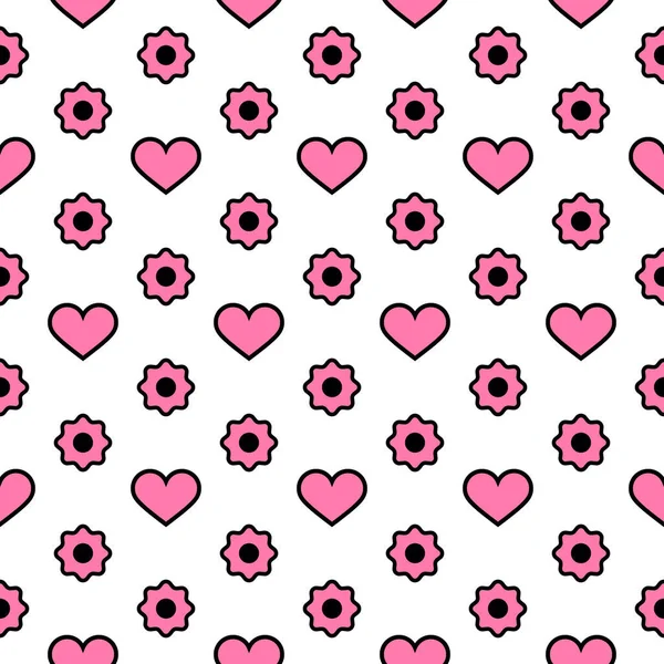 Vector Seamless Pattern. Pink hearts and flowers with a black outline on a white background. Modern illustration great for festive background, design greeting cards, textiles, packing, wallpaper, etc. — Stock Vector