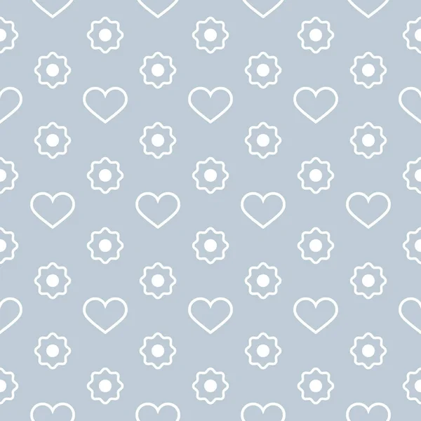 ベクトルシームレスパターン。薄い灰色の背景に白い輪郭を持つ心と花。お祝いの背景、デザイングリーティングカード、織物、梱包、壁紙などのための現代的なイラスト. — ストックベクタ