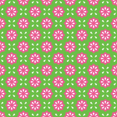 Vektör kusursuz desen. Soyut basit çiçek tasarımı. Yeşil arka planda pembe ve beyaz elementler. Grafik tasarımı, tekstil, baskı, paketleme vs. için modern minimal illüstrasyon mükemmeldir.