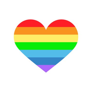 Gökkuşağı kurdeleli kalp. Beyaz arka planda izole edilmiş çizgili kalbin renkli vektör çizimi. Tatil tasarımları, tebrik kartları, tatil baskıları, tasarımcı ambalajı, simge, logo, vs. için fikirler.