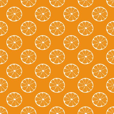 Yaratıcı, kusursuz Citrus vektör deseni. Turuncu arka planda portakal dilimi. Sıcak yaz havasında tropik meyve. Orijinal, dekoratif ve modern fon için, kartlar, paketler, baskılar, vs..